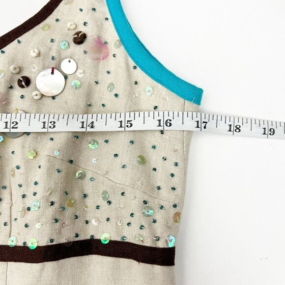 Donna Morgan Tank Dress Women's 6 Khaki 100% Linen Shell Bead Embellished Midi - Picture 8 of 14